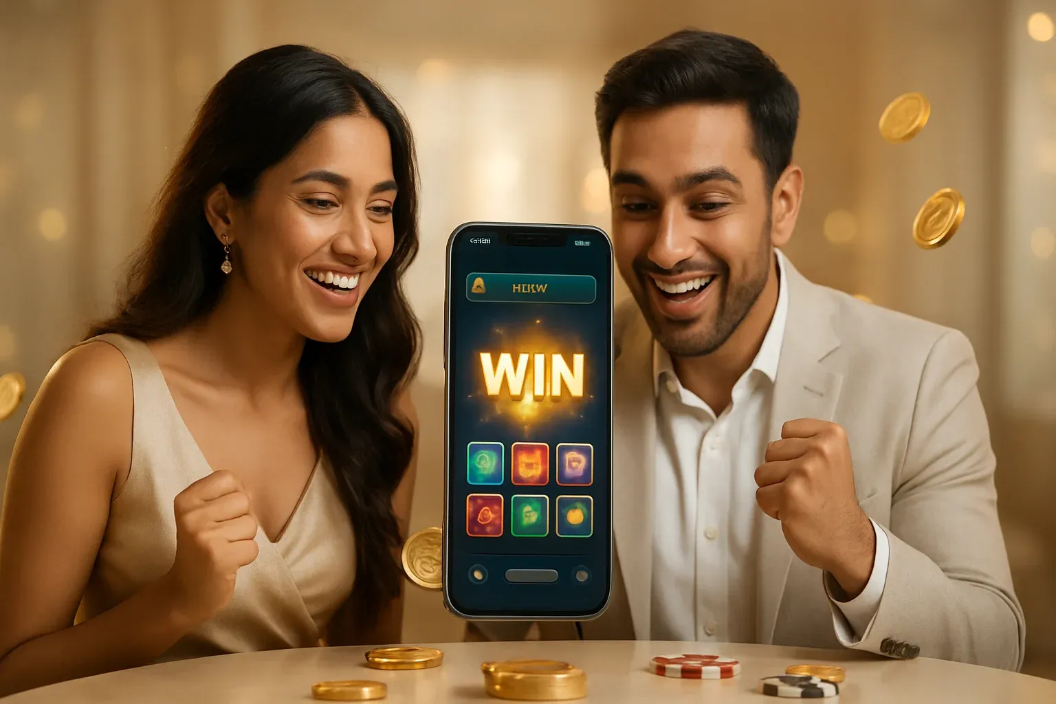 Ultra-realistic smartphone with casino app and celebrating couple in luxury setting