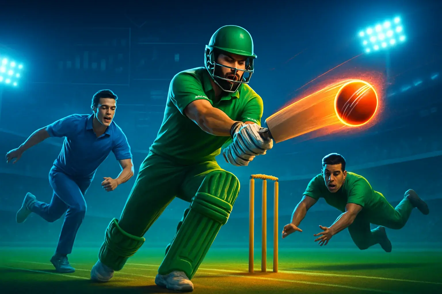 High-energy digital illustration of cricket players in action with glowing ball and betting graphics