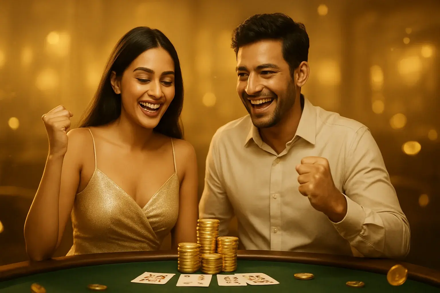 Attractive couple celebrating poker win at elegant gold-themed casino table