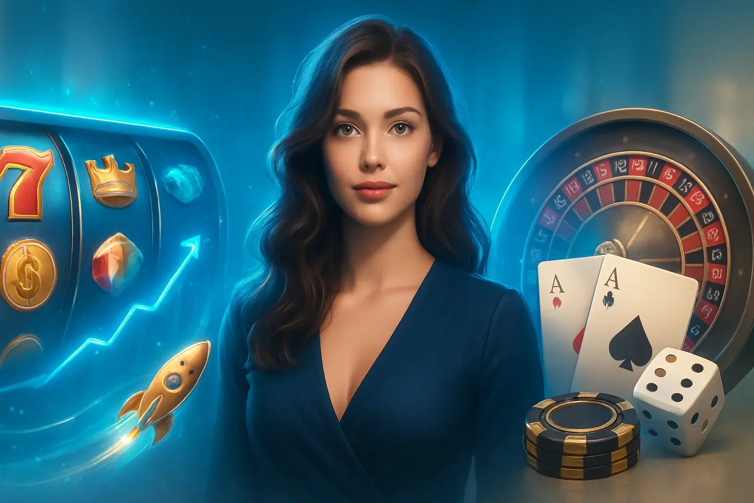 Hyper-realistic collage of slots, instant games, and casino games with golden glow