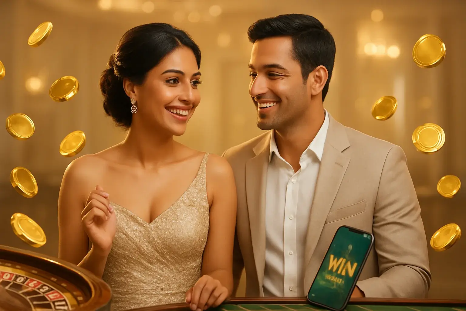 Happy Bangladeshi couple celebrating casino win with gold coins and roulette wheel