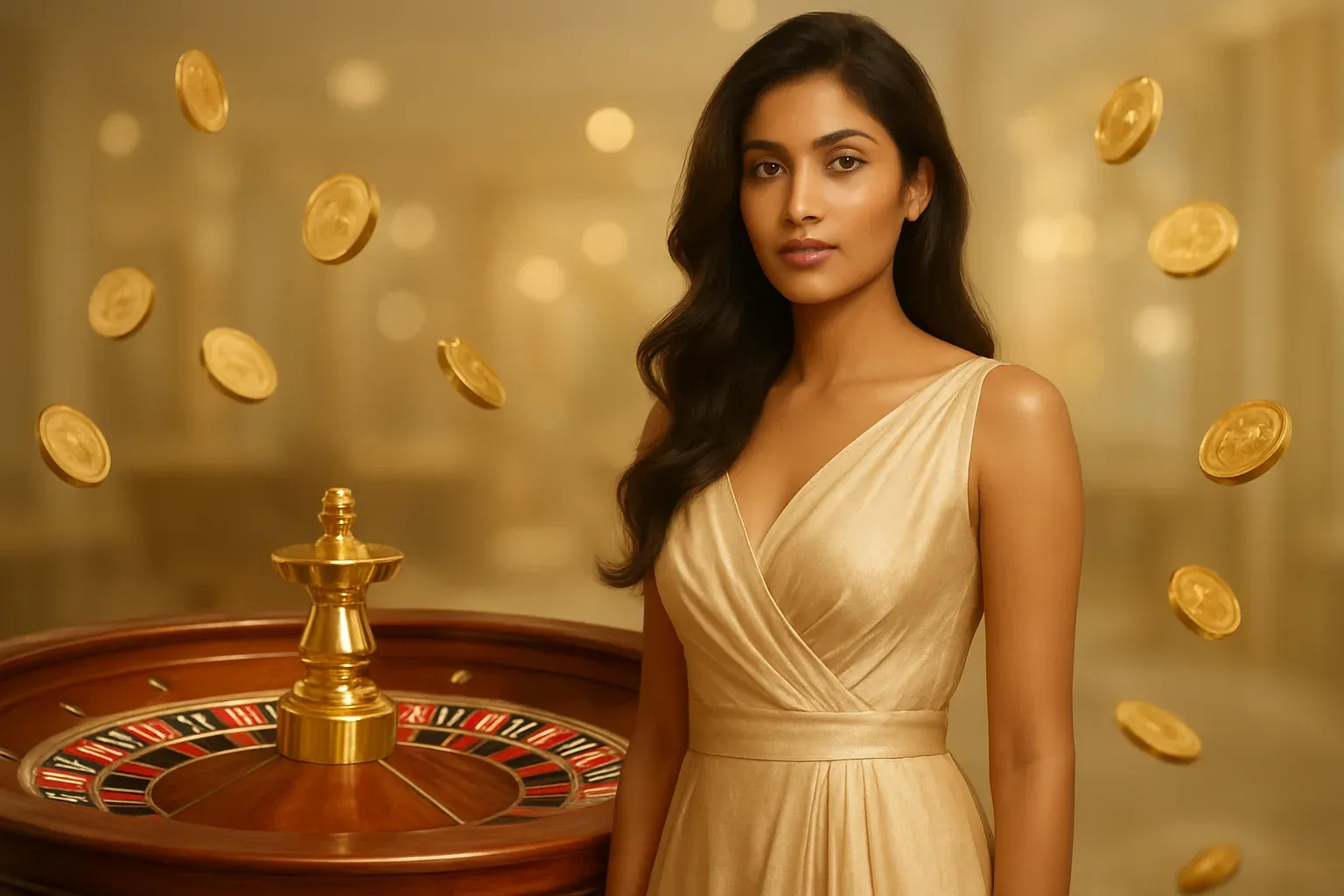 Beautiful Bangladeshi woman in elegant evening dress with luxury roulette wheel and gold coins in bright casino setting