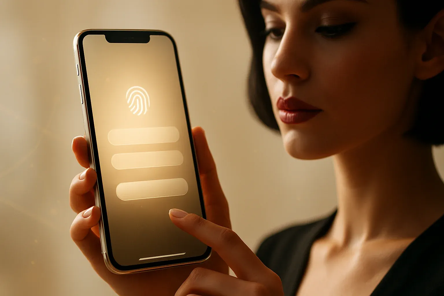 Ultra-realistic premium smartphone with bright luxury login interface and golden light particles