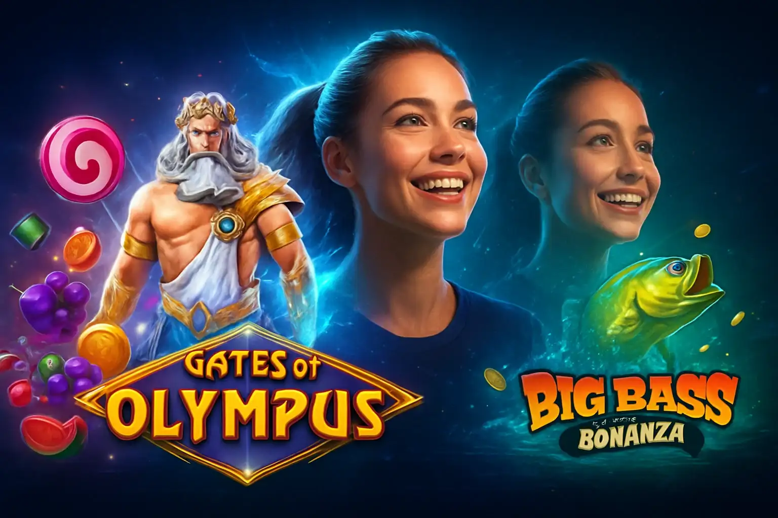 High quality digital collage of Gates of Olympus, Sweet Bonanza, and Big Bass Bonanza slot themes with glowing effects and premium casino look